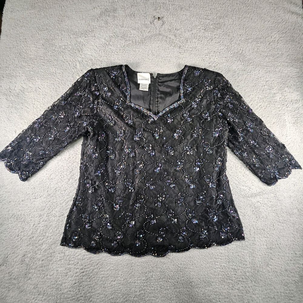 Vtg Fashion Bug Top Womens 20 Black Lace Beaded 3/4 Sleeve Fairy Grunge Whimsy
